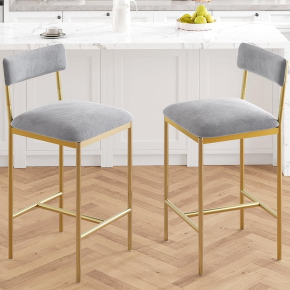 Bar Stools Set of 2, Upholstered Bar Chairs with Back, 25.5 Inches Kitchen Bar Stools with Footrest, Thick Cushion, Counter Height Barstools for Island, Bar, Easy Assembly, Velvet Grey and Gold