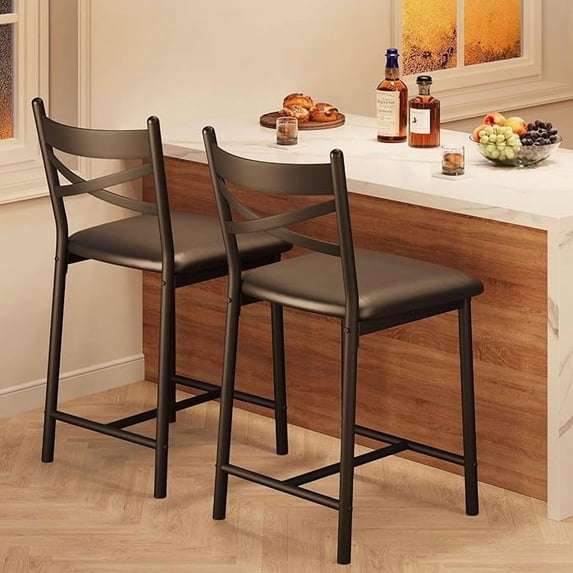Bar Stools Set of 2, Upholstered Bar Chairs with Back, Thick Cushion, with X Back and Thick Cushion PU Leather Restaurant Dining Room Chairs,Counter Height Barstools for Apartment Counter Bar