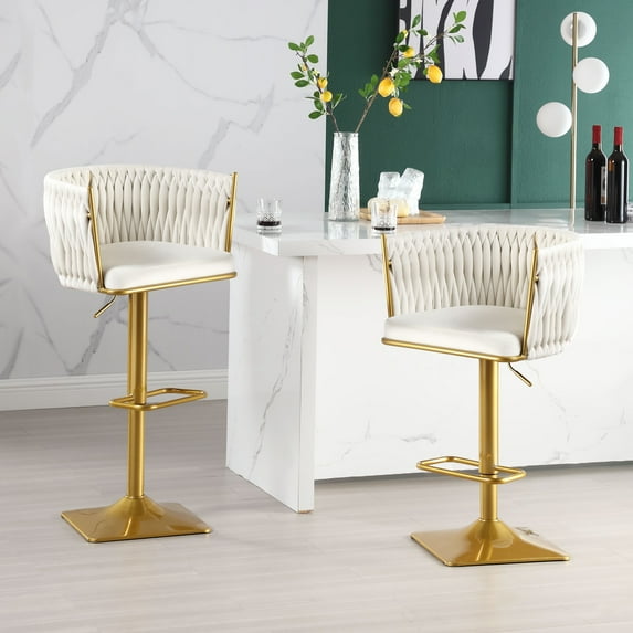 Bar Stools Set of 2, Velvet Adjustable Swivel Barstool with Thickened Seat Cushion, Comfortable Back & Metal Base, Counter Height Chair for Kitchen Island, Bar, Cafe, Pub, Beige