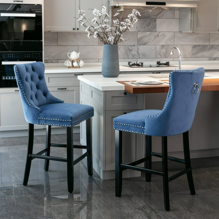 Bar Stools Set of 2 Velvet Button Tufted Upholstered Barstools with Footrest Modern Kitchen Dining Chairs with Chrome Nailhead Trim Ring Pull
