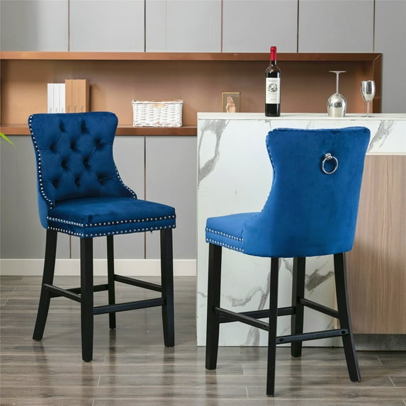 Bar Stools Set of 2, Velvet Button Tufted Upholstered Counter Height Barstools with Nailhead Trim, Footrest and Ring Pull, Leisure Wing-Back Bar Chairs for Kitchen Living Room, Dark Blue