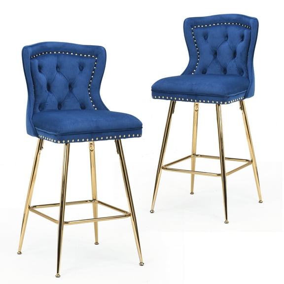 Bar Stools Set of 2, Velvet Counter Height Bar Stools with Metal Legs, Button Tufted and Nailheads Trim, Wing-Back Bar Chairs for Kitchen Island Dining Room Pub, Blue