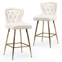 Bar Stools Set of 2, Velvet Counter Height Bar Stools with Metal Legs, Button Tufted and Nailheads Trim, Wing-Back Bar Chairs for Kitchen Island Dining Room Pub