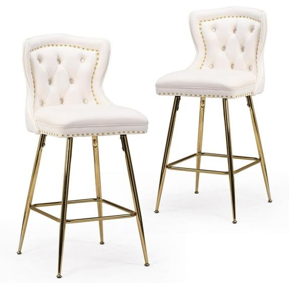 Bar Stools Set of 2, Velvet Counter Height Bar Stools with Metal Legs, Button Tufted and Nailheads Trim, Wing-Back Bar Chairs for Kitchen Island Dining Room Pub