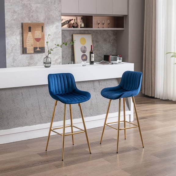 Bar Stools, Set of 2 Velvet Fabric Counter Height Chairs with Golden Legs and Chrome Footrests, 30 Inch High Modern Dining Stools for Kitchen Island and Home Bar, Blue Color