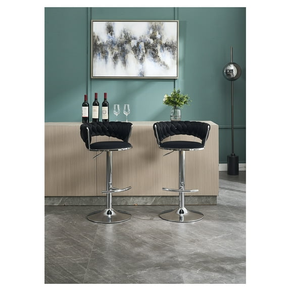 Bar Stools Set of 2, Velvet Swivel Bar Chairs with Chrome Footrest & Base, Adjustable Height, Modern Barstools for Kitchen Island, Home, Office - Black