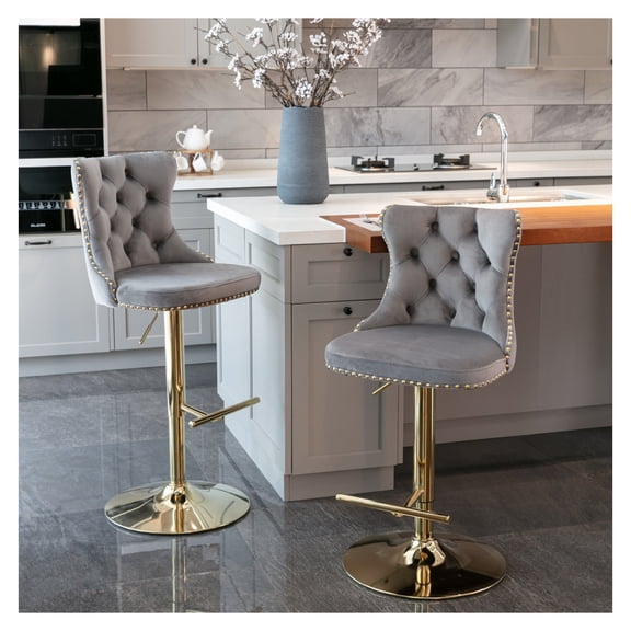 Bar Stools Set of 2, Velvet Swivel Barstools Adjustable Height 25-33 Inch, Modern Upholstered Bar Chairs with Backs for Kitchen Island, Home Pub, Gray
