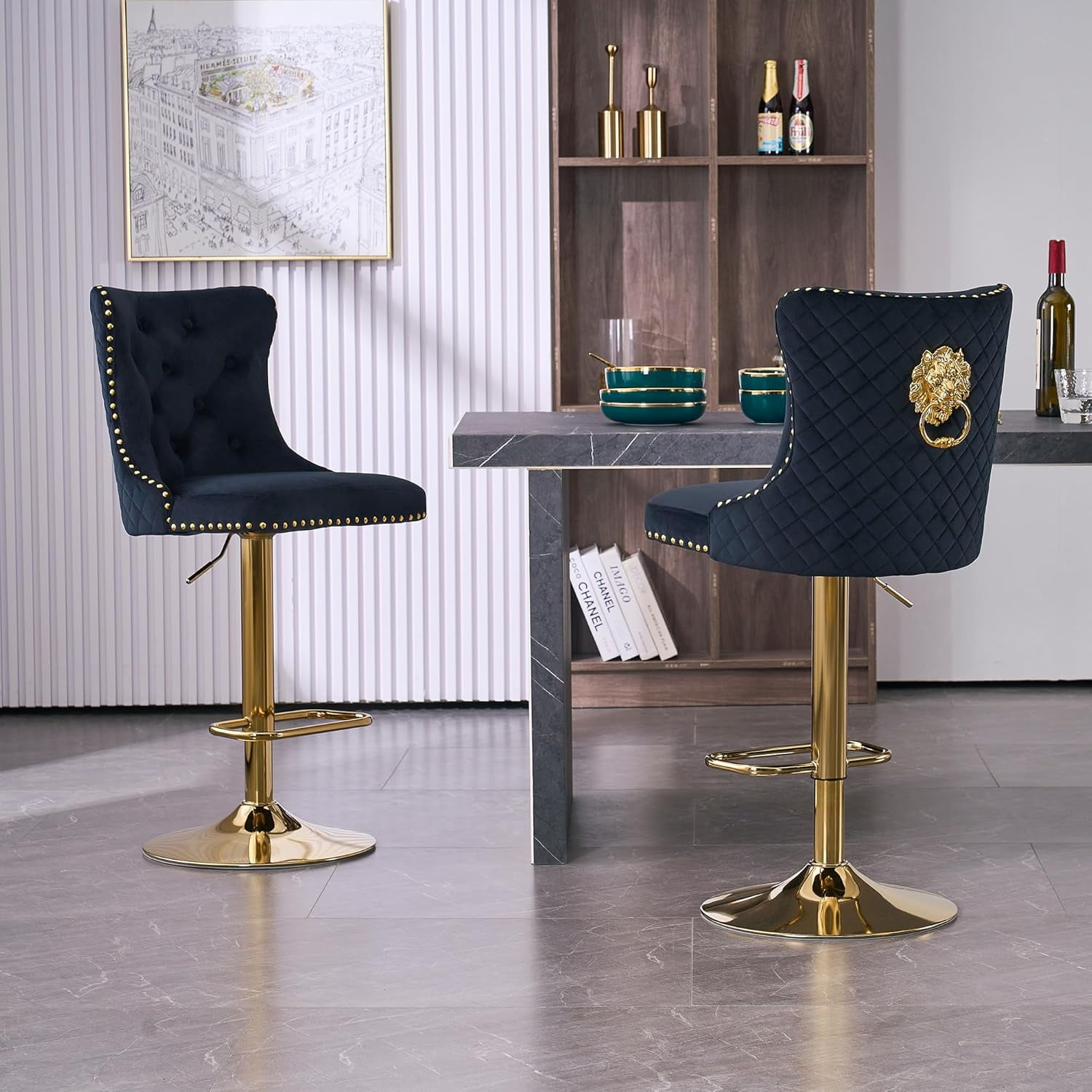 Bar Stools Set of 2 Velvet Swivel Kitchen Counter Chairs with Tufted High Back Modern ...