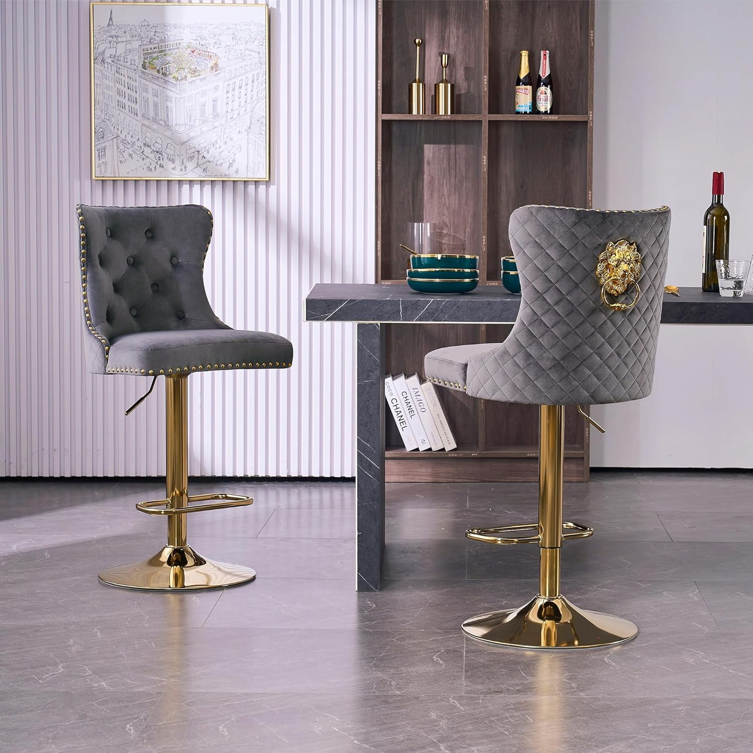 Bar Stools Set of 2 Velvet Swivel Kitchen Counter Chairs with Tufted High Back Modern ...