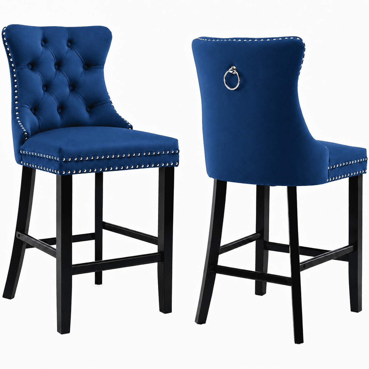 Bar Stools Set of 2, LEGAHOME Velvet Counter Height Bar Stools with Back, Button Tufted Upholstered Kitchen Island Chairs with Nailhead Trim, Solid Wood Legs, Footrest, Blue