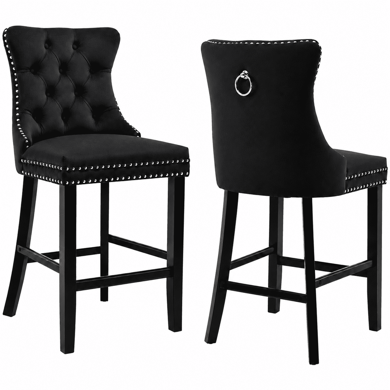 Bar Stools Set of 2, LEGAHOME Velvet Counter Height Bar Stools with Back, Button Tufted Upholstered Kitchen Island Chairs with Nailhead Trim, Solid Wood Legs, Footrest, Black