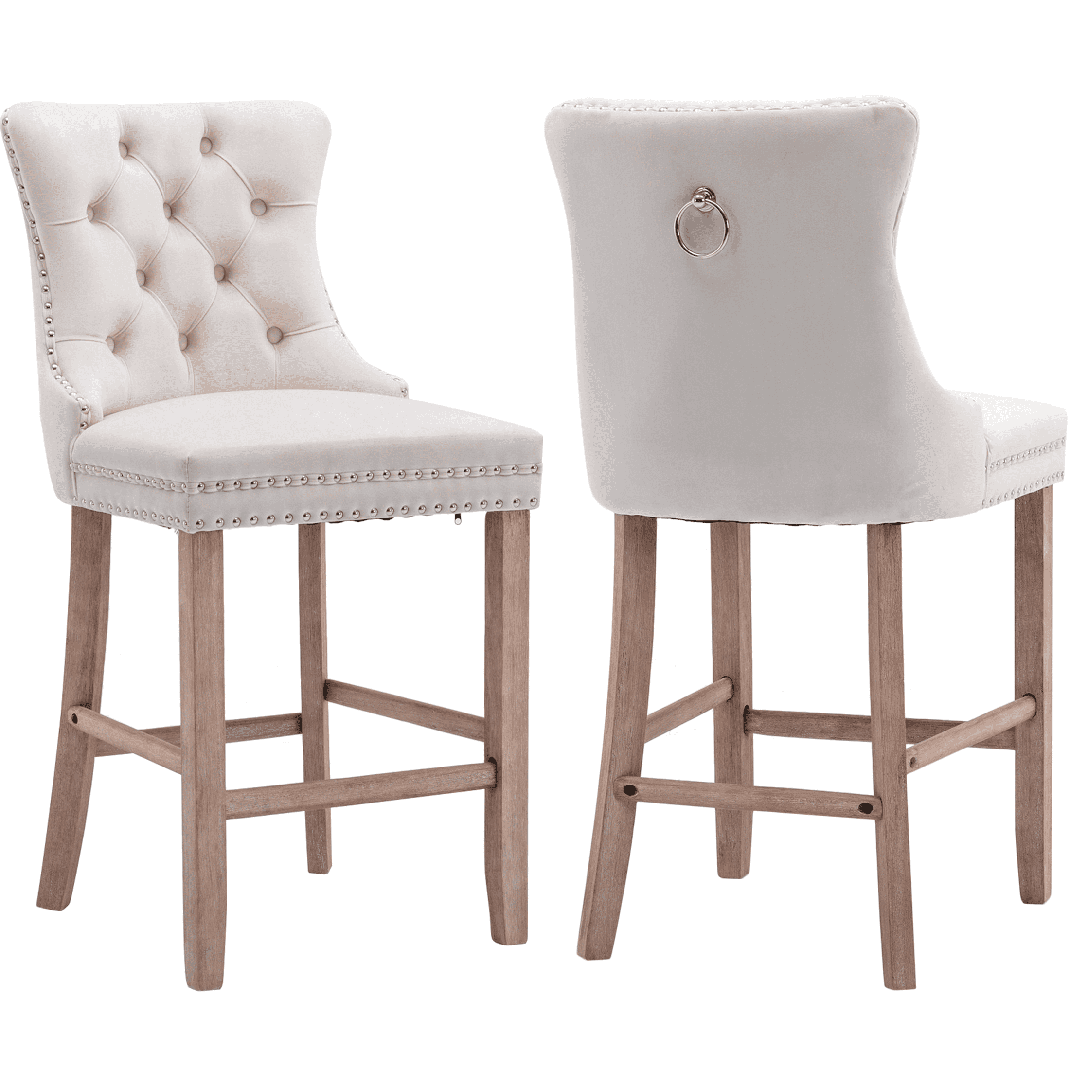 Bar Stools Set of 2, LEGAHOME Velvet Counter Height Bar Stools with Back, Button Tufted Upholstered Kitchen Island Chairs with Nailhead Trim, Solid Wood Legs, Footrest, Beige