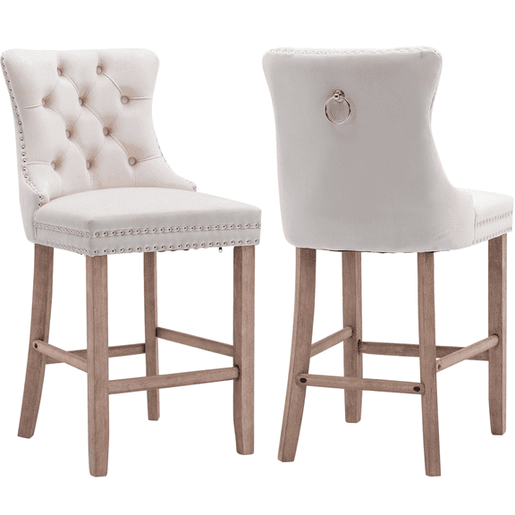Bar Stools Set of 2, LEGAHOME Velvet Counter Height Bar Stools with Back, Button Tufted Upholstered Kitchen Island Chairs with Nailhead Trim, Solid Wood Legs, Footrest, Beige