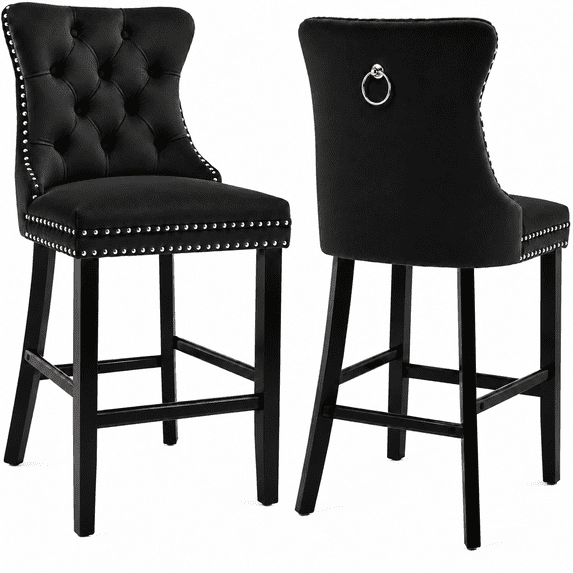 LEGAHOME Counter Height Bar Stools Set of 2, Velvet Bar Stools with Back, Button Tufted Kitchen Island Chairs with Nailhead Trim, Black