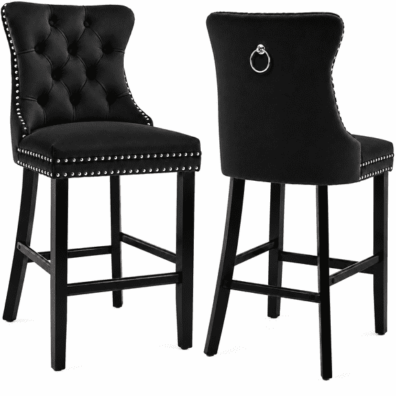 LEGAHOME Counter Height Bar Stools Set of 2, Velvet Bar Stools with Back, Button Tufted Kitchen Island Chairs with Nailhead Trim, Black