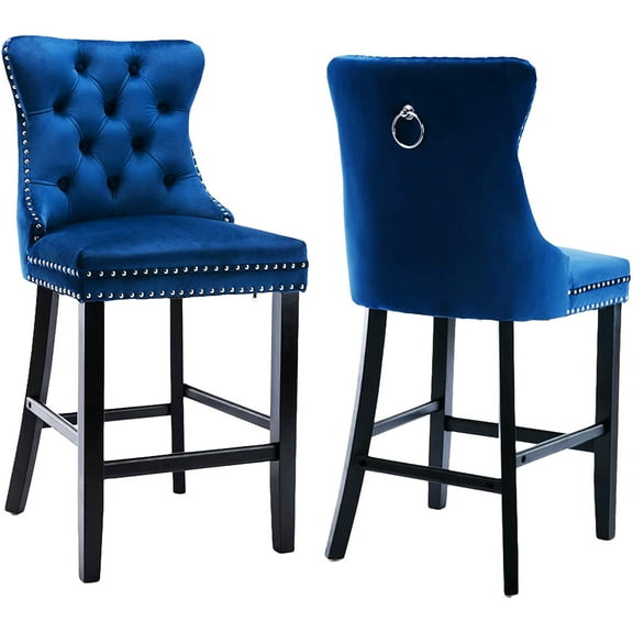 Bar Stools Set of 2, LegaHome Velvet Bar Stool with Back, Solid Wood Frame & Nailhead Trim, Counter Height Bar Chiar Button Tufted Upholstered Seat, Full Back Bar Stools, Blue