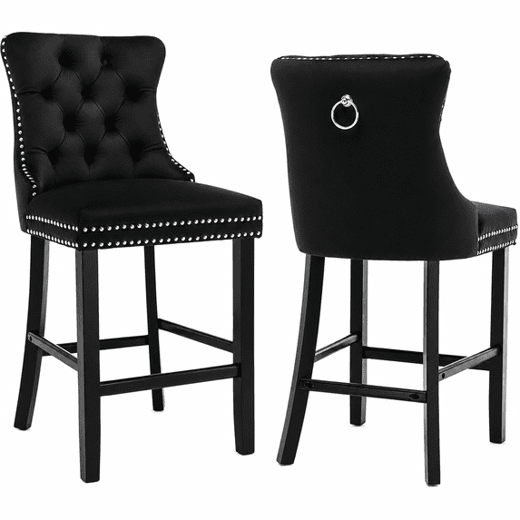 Bar Stools Set of 2, LEGAHOME Velvet Counter Height Bar Stools with Back, Button Tufted Upholstered Kitchen Island Chairs with Nailhead Trim, Solid Wood Legs, Footrest, Black