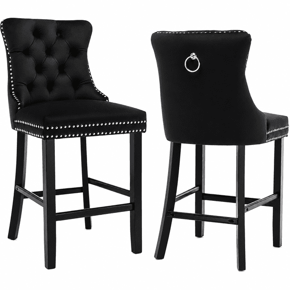Bar Stools Set of 2, LEGAHOME Velvet Counter Height Bar Stools with Back, Button Tufted Upholstered Kitchen Island Chairs with Nailhead Trim, Solid Wood Legs, Footrest, Black