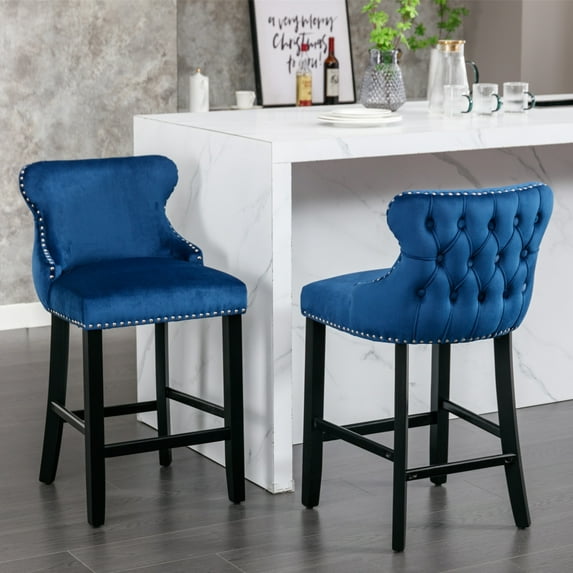 Bar Stools Set of 2, Velvet Upholstered Bar Stools with Chrome Nailhead Trim and Wooden Legs, Contemporary Tufted Button Wing-Back Chairs for Kitchen Island Pub, Blue