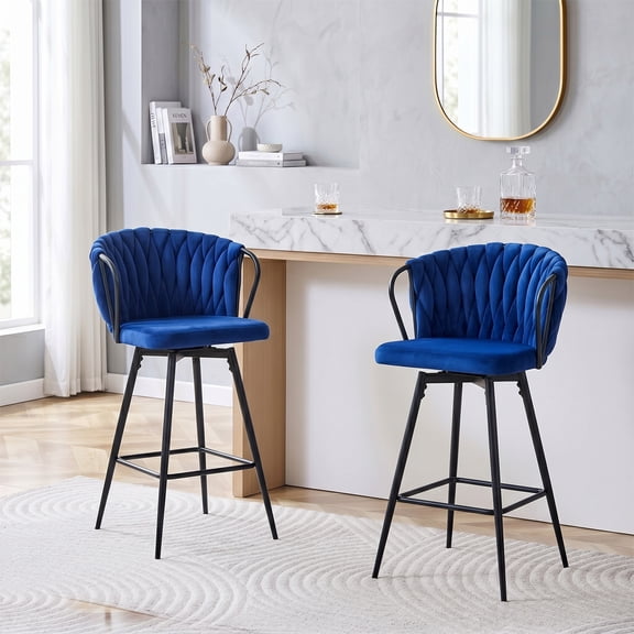 Bar Stools Set of 2, Velvet Upholstered Barstools with Metal Frame, Counter Height Bar Chairs with Woven Rope Back for Kitchen Island, Home Bar - Blue