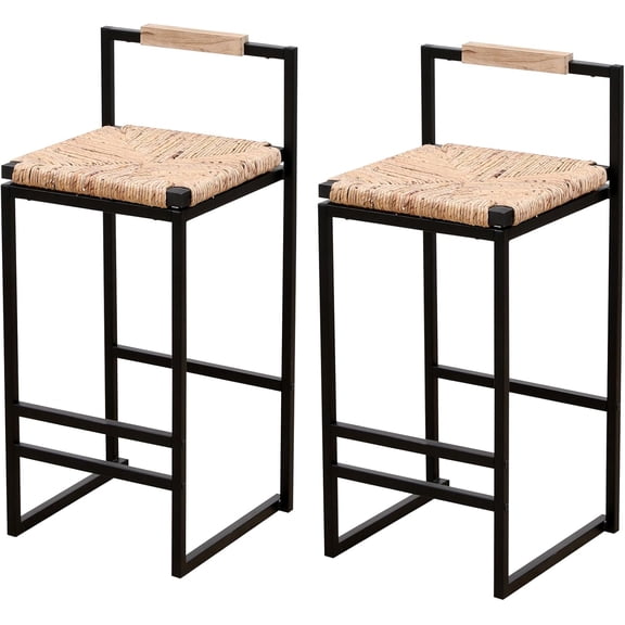 Bar Stools Set of 2 Weave Bar Chairs Rattan Bar Stools Wicker Kitchen Chairs with Footrest for Bar, Kitchen, Living Room Farmhouse Island Rope Chairs Metal Frame Base (Rattan with Back)