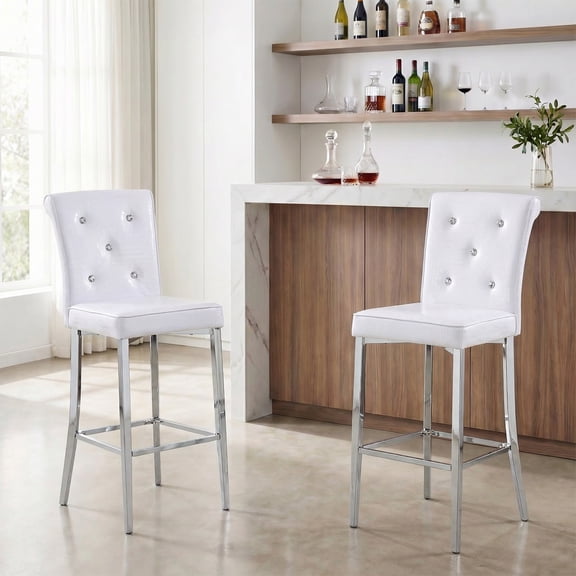 Bar Stools Set of 2, White Crocodile Leather Barstools, PVC Leather Upholstered Bar Stools, Counter Height Bar Chairs for Kitchen Island, Dining Area - Silver