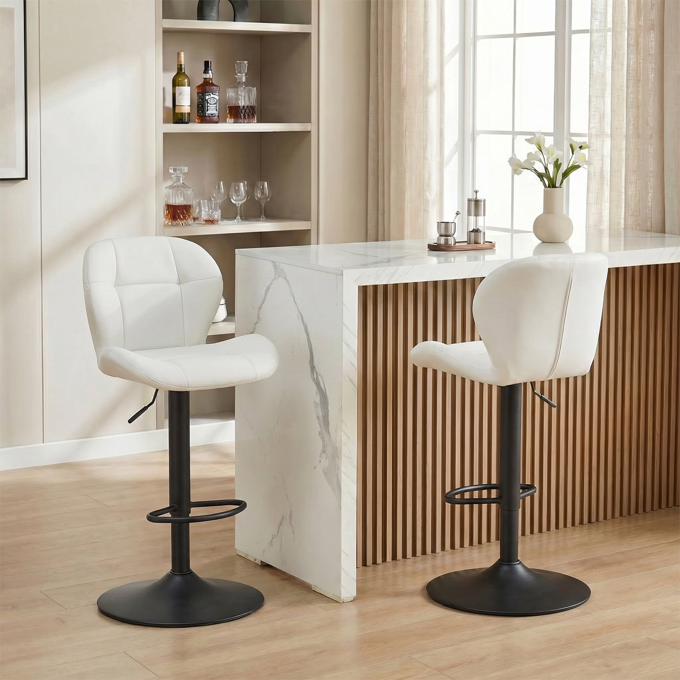 Bar Stools Set of 2, White PU Leather Upholstered Adjustable Swivel Barstools, Adjustable Height Bar Chairs with Black Metal Base & Footrest for Kitchen Island, Pub, Bar