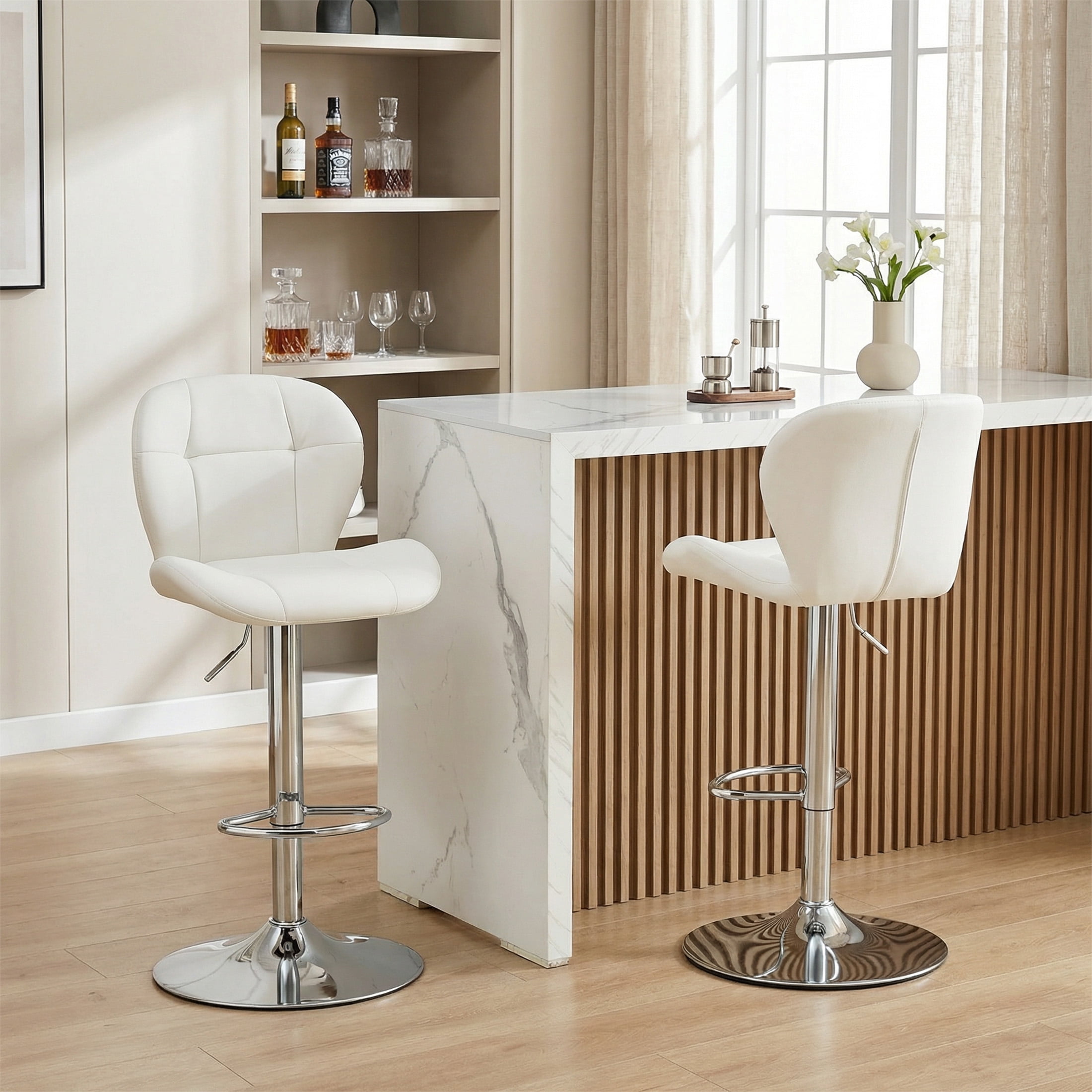 Bar Stools Set of 2, White PU Leather Upholstered Adjustable Swivel Barstools, Adjustable Height Bar Chairs with Silver Metal Base & Footrest for Kitchen Island, Pub, Bar