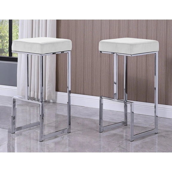 Bar Stools Set of 2, White Velvet Backless Counter Stools with Chrome Pedestal Base, Padded Foam Seat, 31" Height Modern Contemporary Seating for Kitchen Dining Room and Home Bar Area