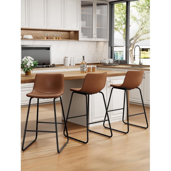 Bar Stools Set of 3, 26" Faux Leather Counter Height Stools, Modern Barstools with Metal Legs and Footrest, Urban Armless Counter Chairs with Back for Kitchen Island (Dark Brown)