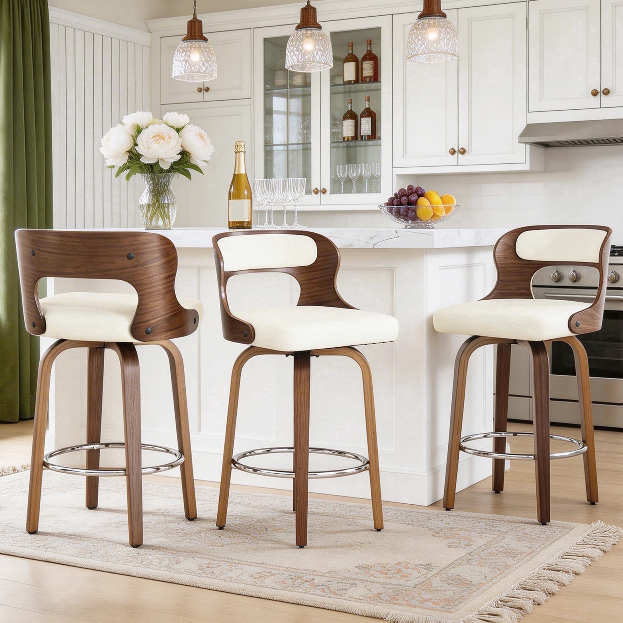 ClinQ 26 inch Swivel Bar Stools Set of 3, Counter Height Bar Chairs with Walnut Legs and Silver Ring Footrest, Upholstered Faux Leather, White