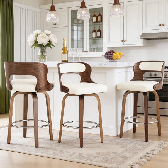ClinQ 26 inch Swivel Bar Stools Set of 3, Counter Height Bar Chairs with Walnut Legs and Silver Ring Footrest, Upholstered Faux Leather, White