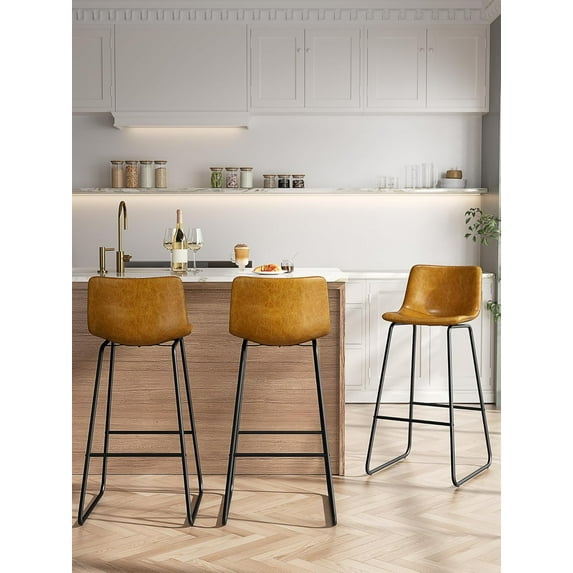 Bar Stools Set of 3, 30 Inches Counter Height Bar Stools with Back, Modern Faux Leather Barstools with Metal Legs and Footrest, Bar Chairs for Kitchens Island (Whiskey Brown)