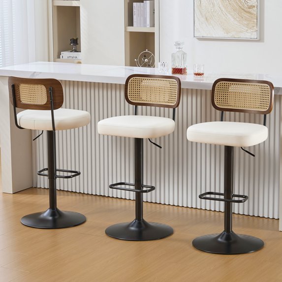 Bar Stools Set of 3, Adjustable 360° Swivel Counter Height Barstools from 25" to 33" Upholstered Faux Leather Bar Chairs with Rattan Backrest & Enlarged Base for Kitchen Bistro Pub Bar