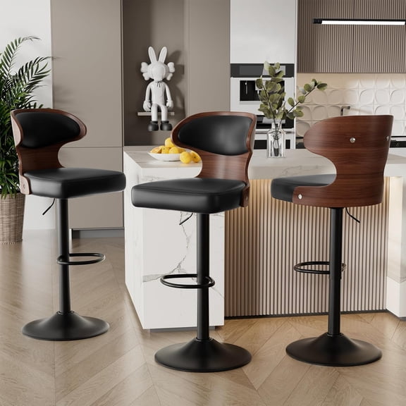 Bar Stools Set of 3 Adjustable Height Swivel Bar Stools Faux Leather Upholstered Bentwood Barstools with Back & Footrest Bar Chair for Dining Room Kitchen Black