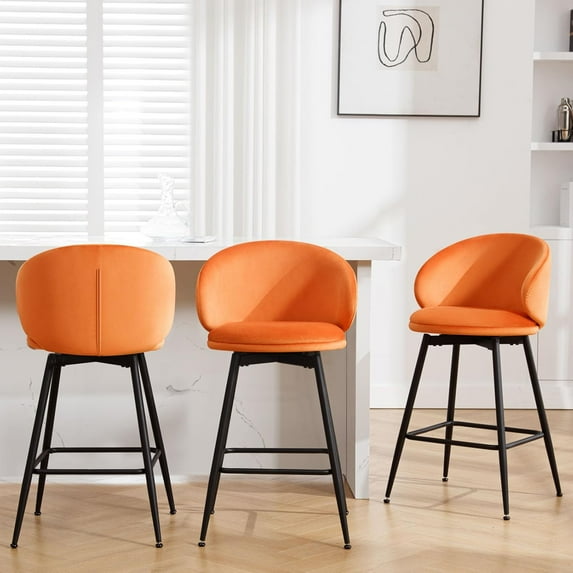 Bar Stools Set of 3 Bar 26" Swivel Bar Height Bar Stools with High Back Velvet Barstools Kitchen Modern Upholstered Barstools High Bar Chair for Kitchen Island Orange