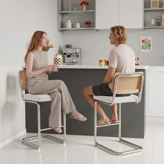 Bar Stools, Set of 3 Cantilever Counter Stools with Rattan Backrest Velvet Padded Seat Chrome Metal Frame 350 lbs Capacity Footrest for Kitchen Island Home White