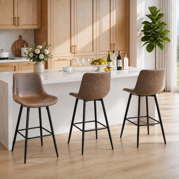 Bar Stools Set of 3, Counter Height Bar Stools, Faux Leather Upholstered Bar stools, Modern Bar stool with Backs, Metal Legs, Weight 350lbs, Grayish Brown