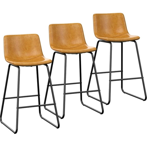 Bar Stools Set of 3, Faux Leather Counter Height Stools, 26" Modern Bar Stools with Metal Legs and Footrest, Urban Armless Counter Chairs with Back for Kitchen Island (Brown)