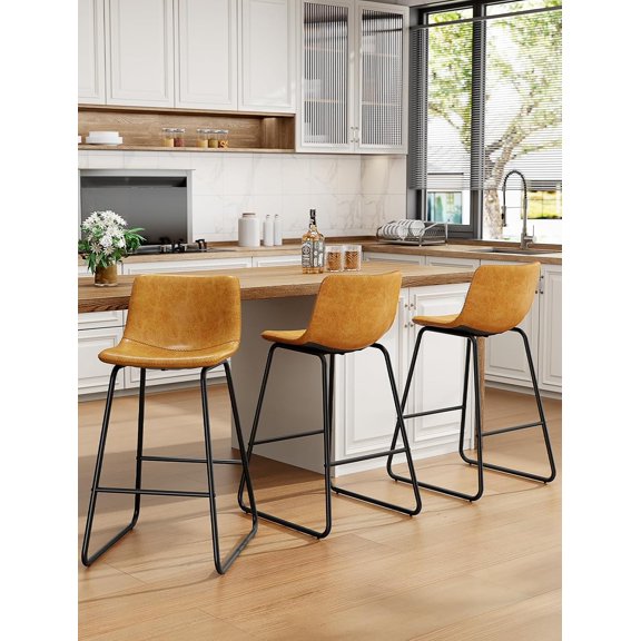 Bar Stools Set of 3, Faux Leather Counter Height Stools, 26" Modern Barstools with Metal Legs and Footrest, Urban Armless Counter Chairs with Back for Kitchen Island (Brown)