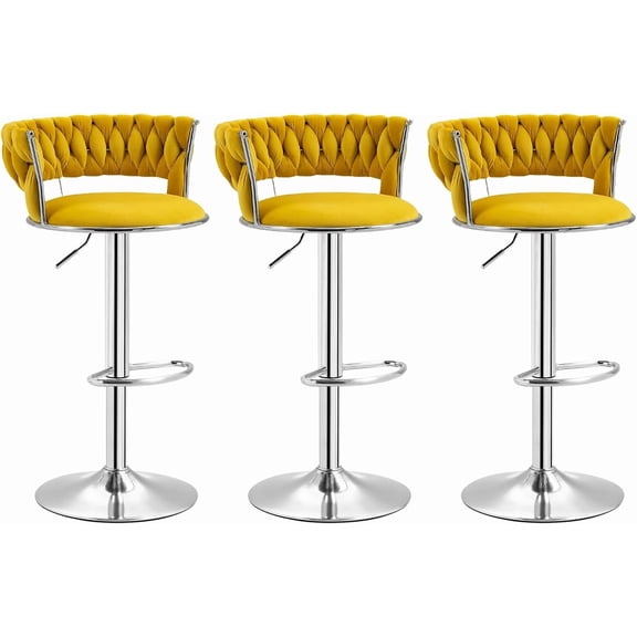 Bar Stools Set of 3, Modern Adjustable Swivel Barstools, Luxury Velvet Counter Height Bar Stools Chair with Woven Back and Silver Legs for Kitchen Island, Cafe, Pub, Dining Room, Mustard