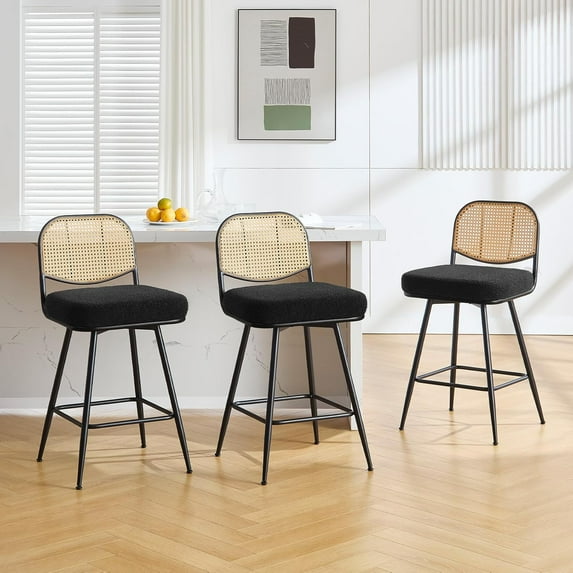 Bar Stools Set of 3 Swivel Upholstered Counter Height Bar Stools 26"Boucle Fabric Barstools with Rattan Back&Metal Footrest Comfortable Kitchen Island Chairs Black