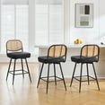 thumbnail image 1 of Bar Stools Set of 3 Swivel Upholstered Counter Height Bar Stools 29"Faux Leather Barstools with Rattan Back&Metal Footrest Comfortable Kitchen Island Chairs Black, 1 of 7