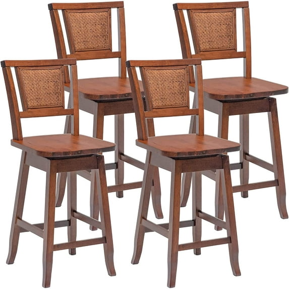 Bar Stools Set of 4, 24.5 Inch Counter Height Bar Stool with Rattan Back, 360°Swivel Seat, Comfortable Footrests, Rubber Wood Bar Stools for Kitchen Island, Dining Room, Cafe, Pub (4)