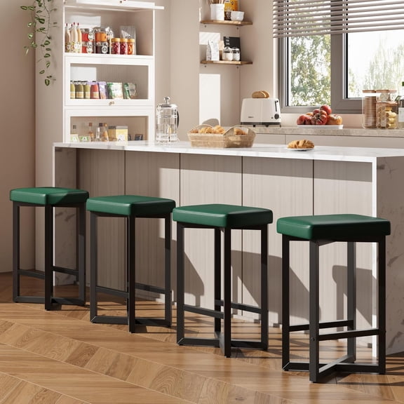 Bar Stools Set of 4, 24.6" Counter Height Backless Barstools, Upholstered PU Leather Seats with Metal X-Frame & Footrest, Modern Kitchen Stools for Home Bar, Dining Room, Green