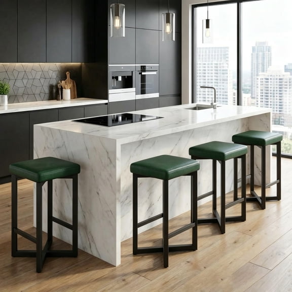 Bar Stools Set of 4, 24.6" Height Counter Height Bar Stools Upholstered with PU Leather & Footrest, Modern Backless Barstools with Metal Frame X-Base for Home Bar Kitchen Island Dining Room, Green