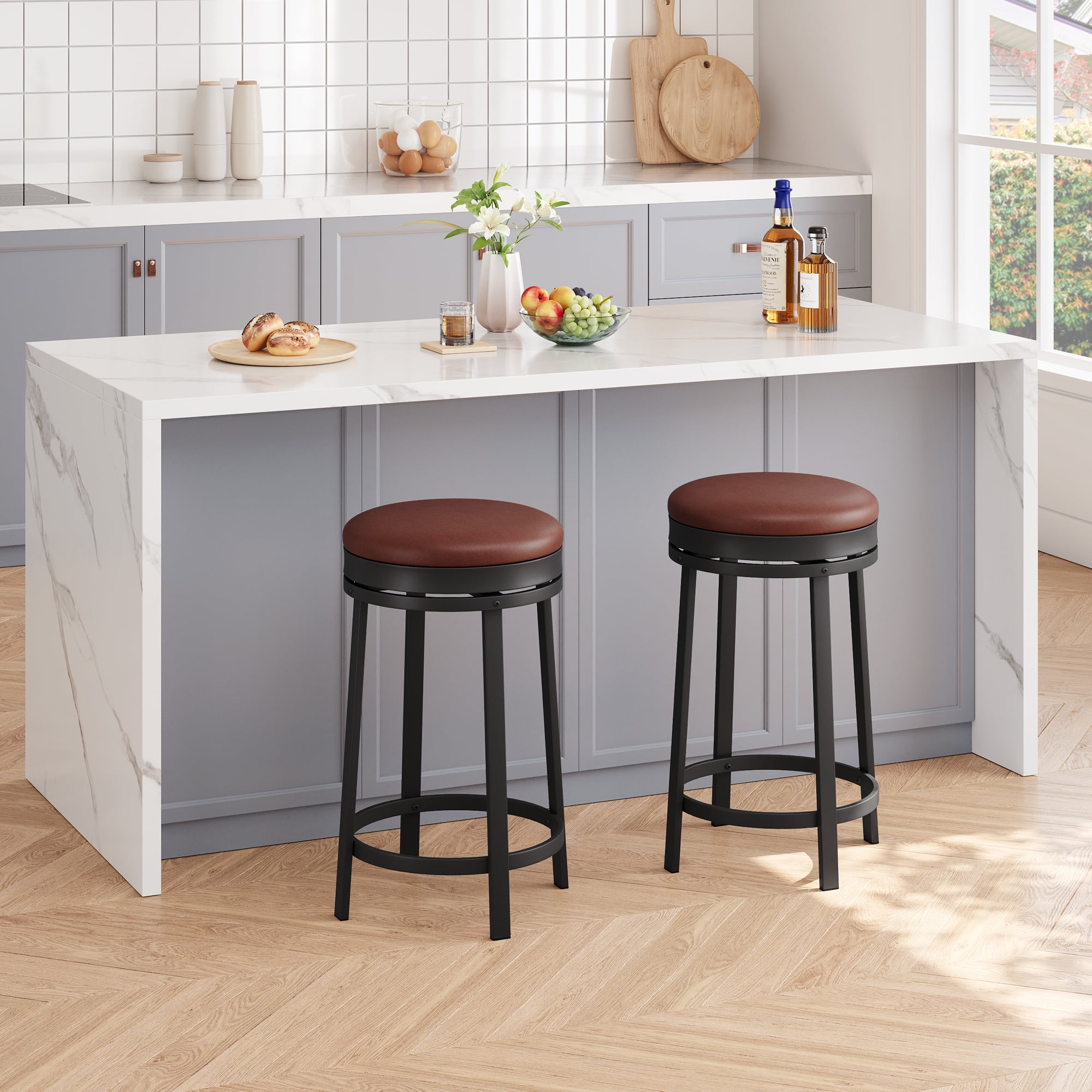 Bar Stools Set of 4, 24" Modern Swivel Barstools with Footrest, Modern Counter Height Barstools with PU Leather Upholstered and Metal Frame, for Kitchen Island, Dining Room, Home Bar