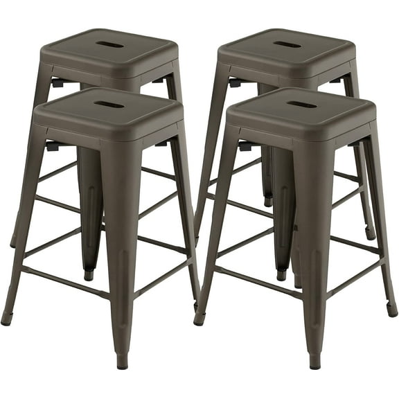Bar Stools Set of 4, 24 Stackable Metal Stools with Square Seat & Handing Hole, X-shaped Reinforced Design, Comfortable Footrest, Backless Bar Chairs for Kitchen, Dining Room, Pub (Gun, 24)
