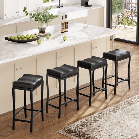 Bar Stools Set of 4, 26 Inch Counter Height Bar Stools, Modern Saddle Bar Stools with Thick Faux Leather Seat, Metal Frame & Footrest, Kitchen Island Stools for Dining Room Pub Café, Black