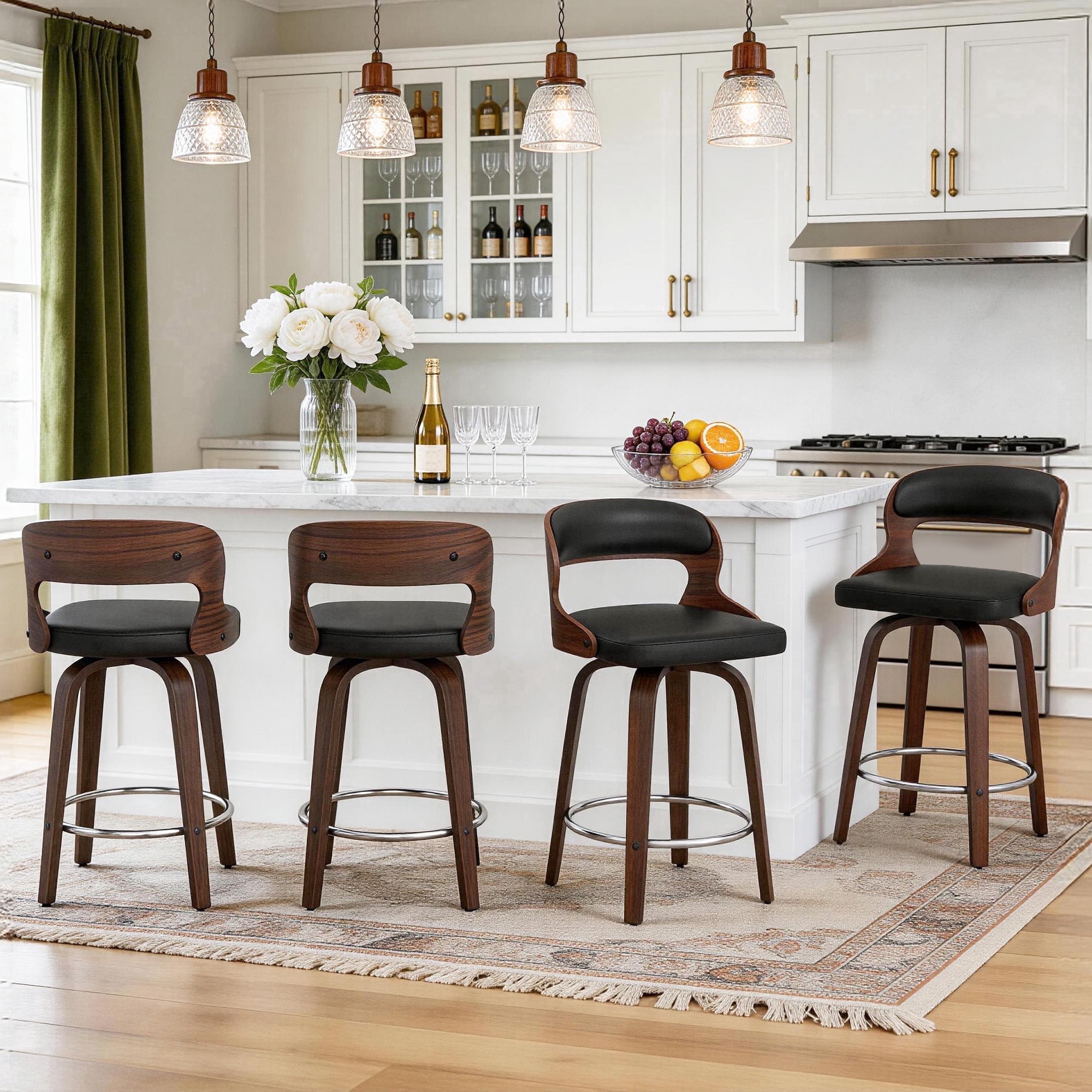 ClinQ 26 inch Swivel Bar Stools Set of 4, Counter Height Bar Chairs with Walnut Legs and Silver Ring Footrest, Upholstered Faux Leather, Black